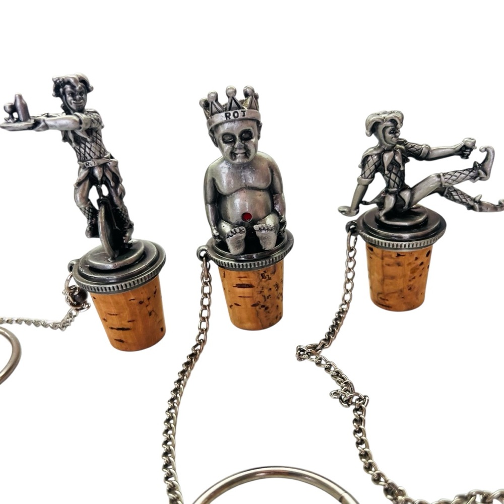 Vtg Royal Order Jesters Pewter Wine Bottle Cork Stoppers & Neck Chains Figurines